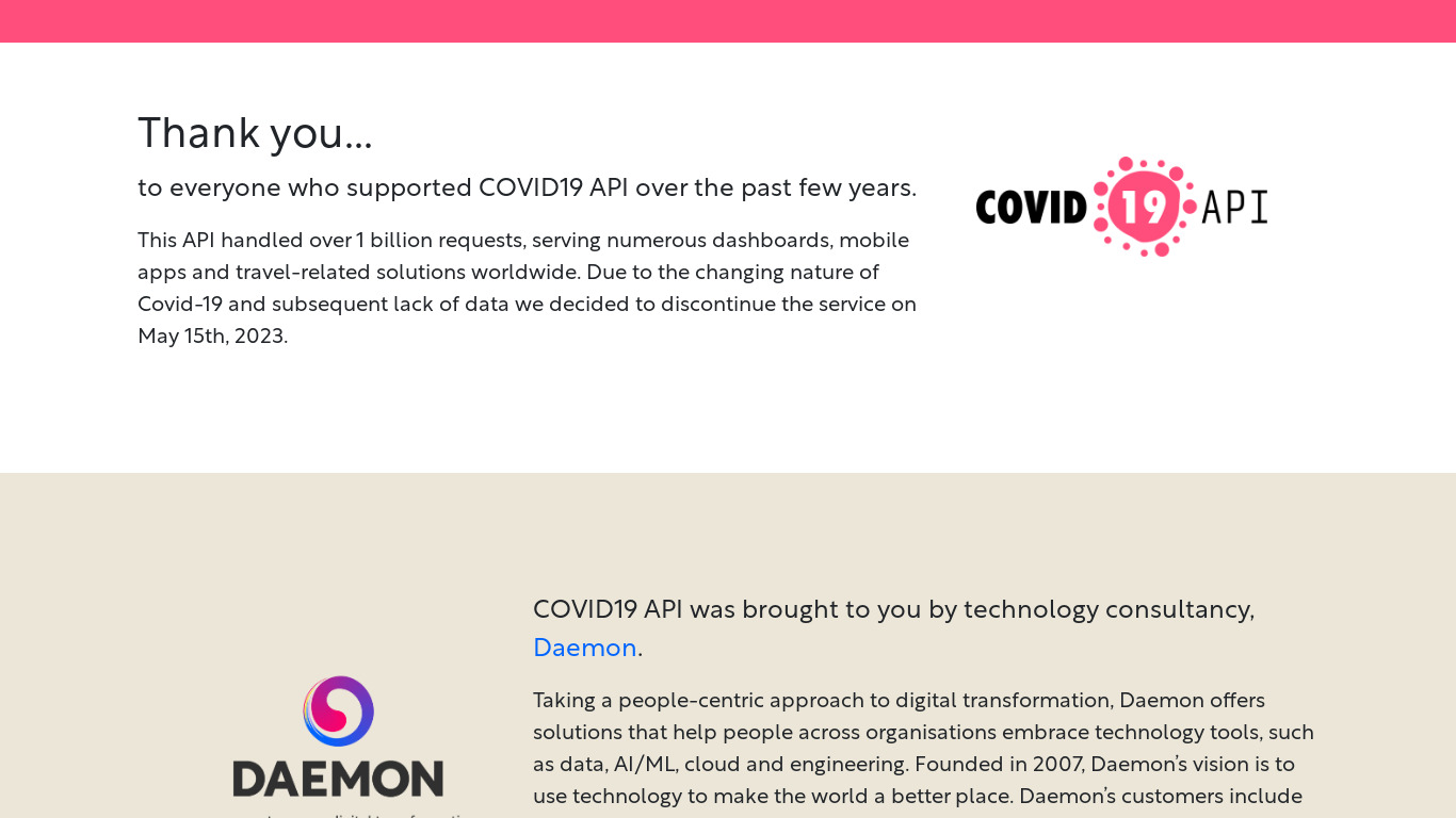 COVID-19 API Landing page