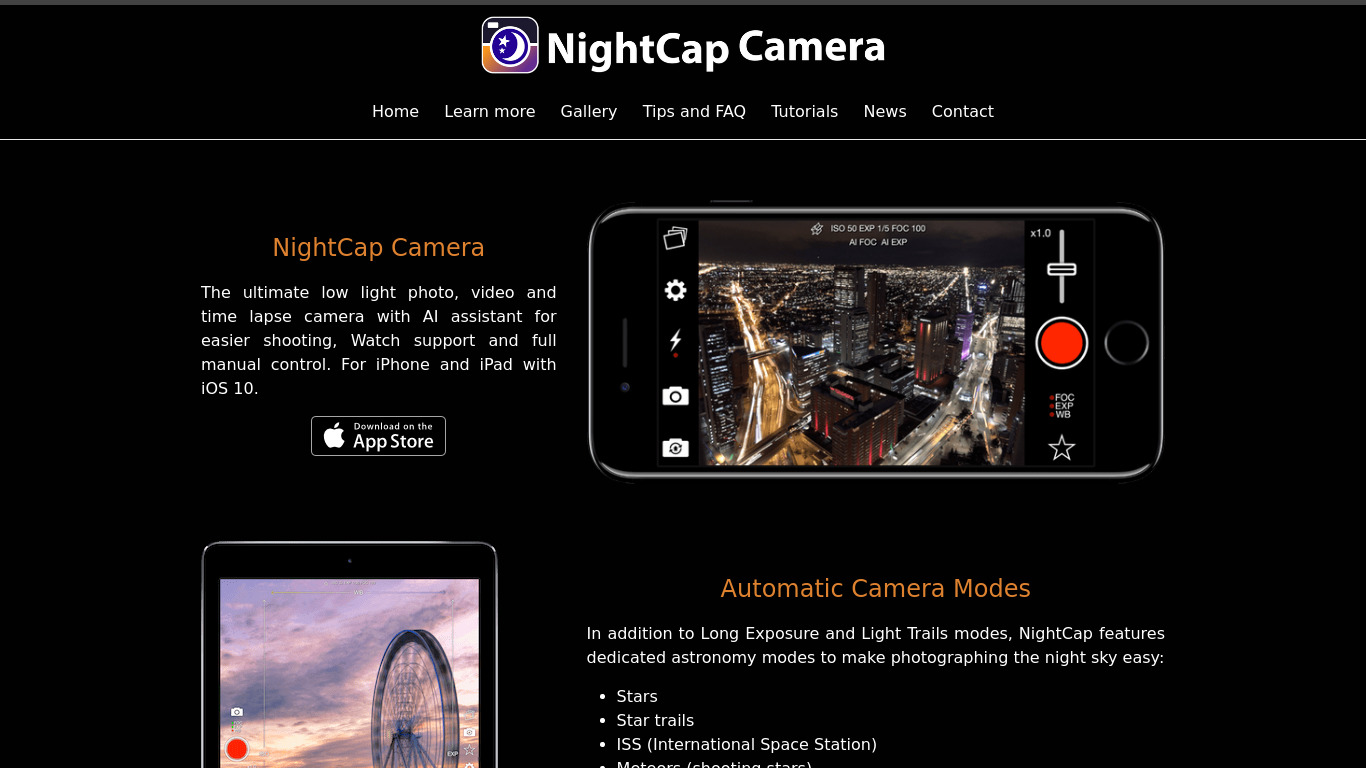 NightCap Camera Landing page