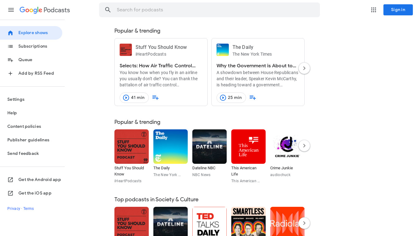 New Google Podcasts Landing page