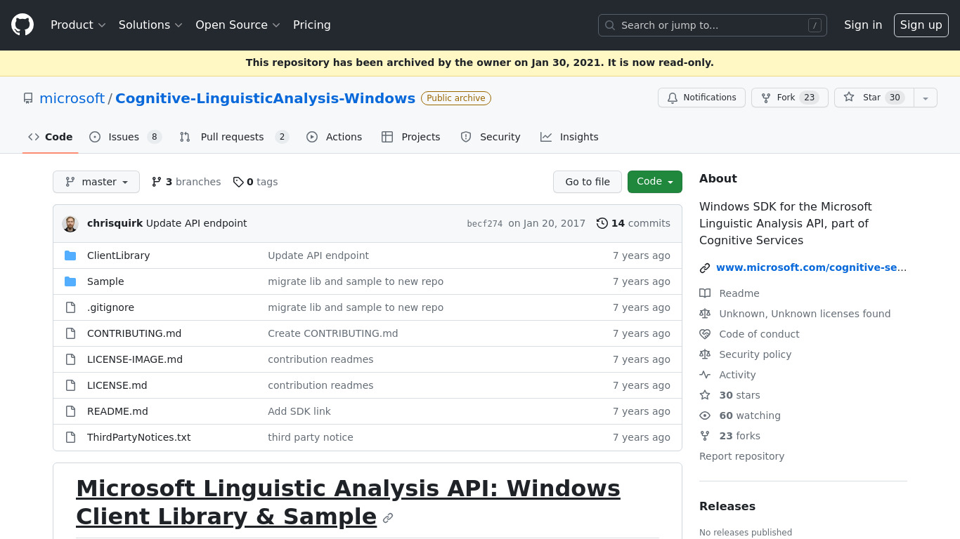 Microsoft Linguistic Analysis API Landing page