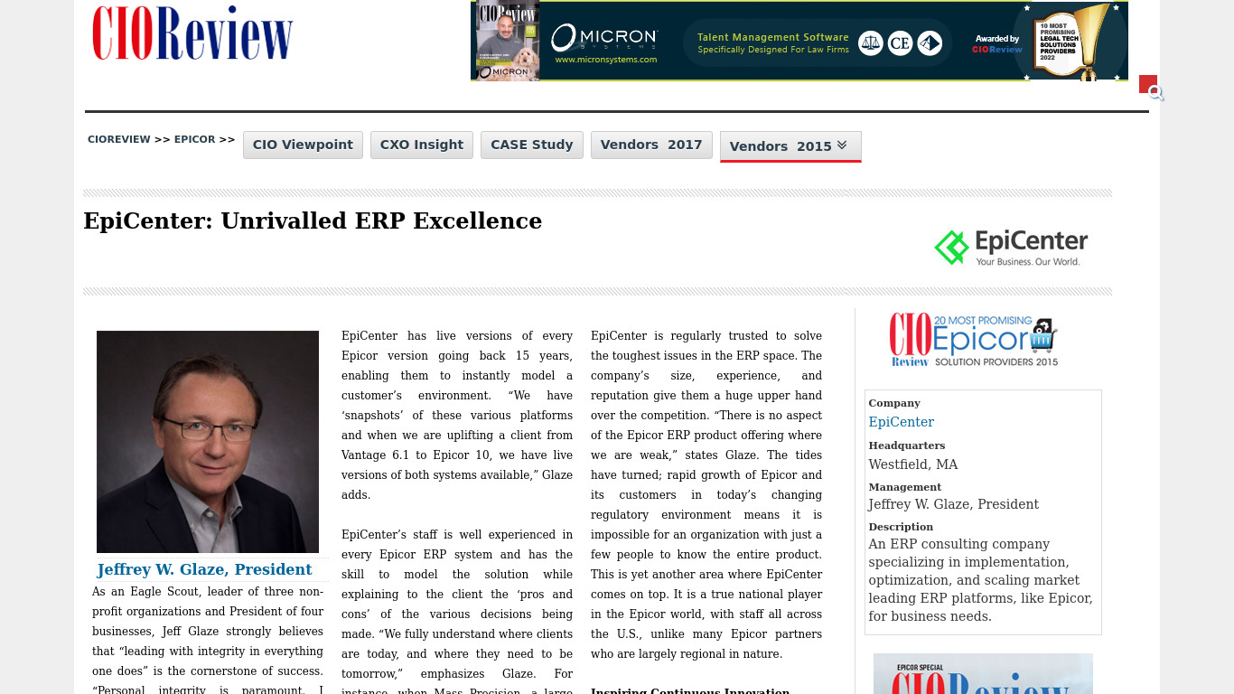 EpiCenter ERP Landing page