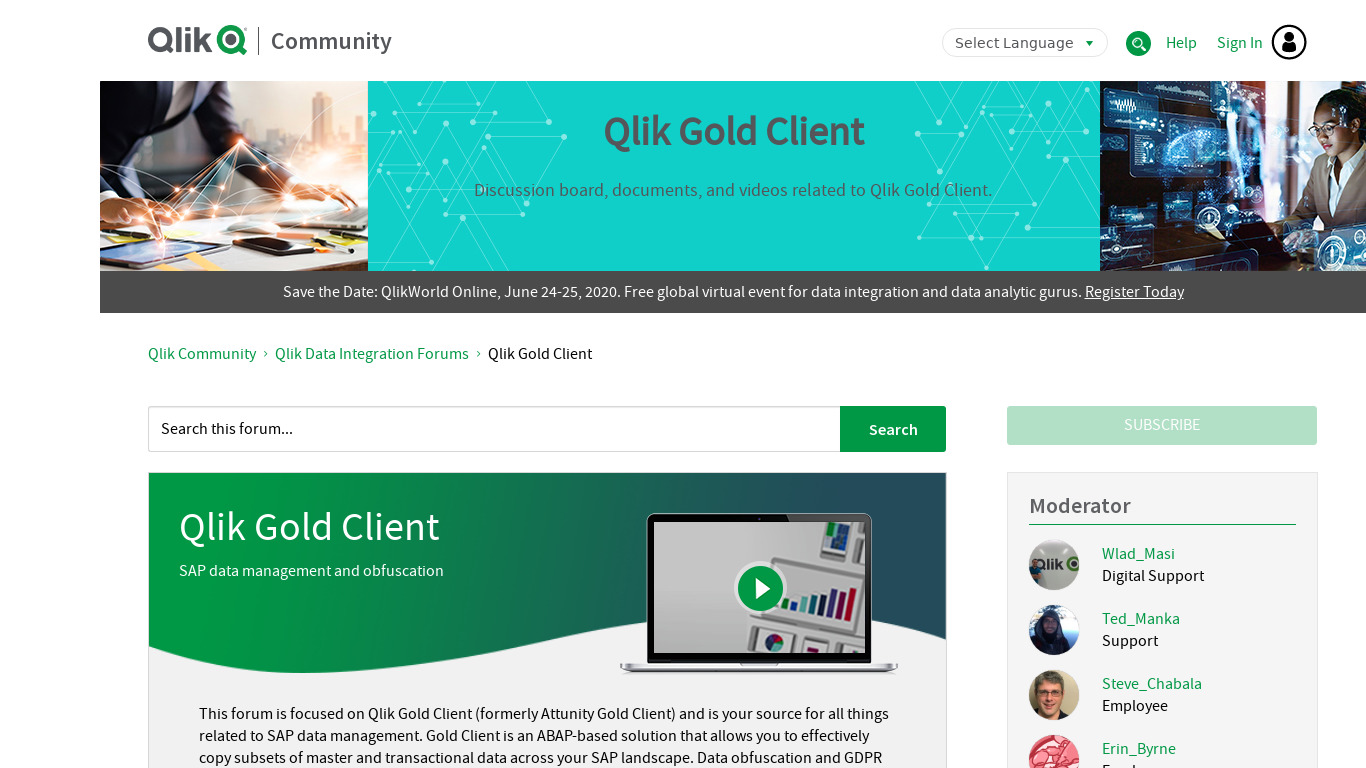 Qlik Gold Client Landing page