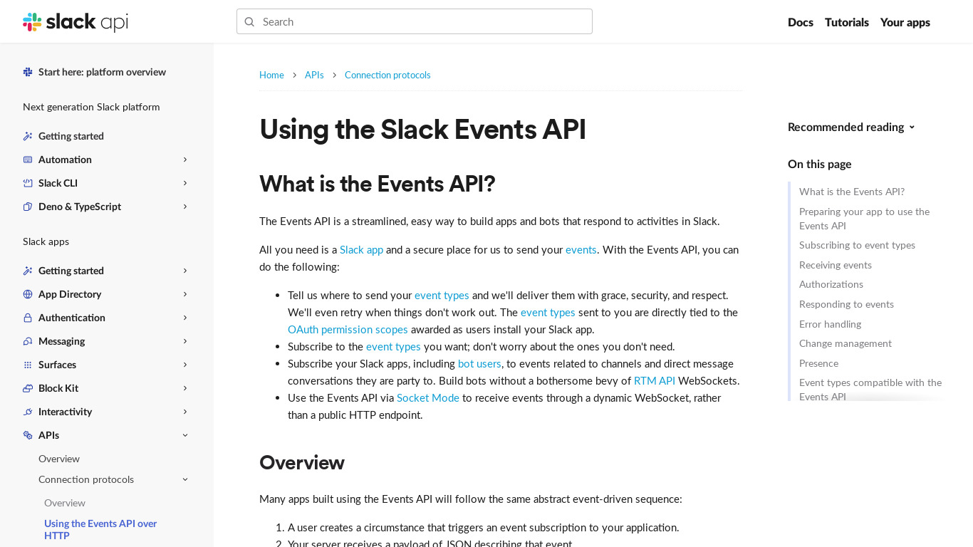 Slack Events API Landing page