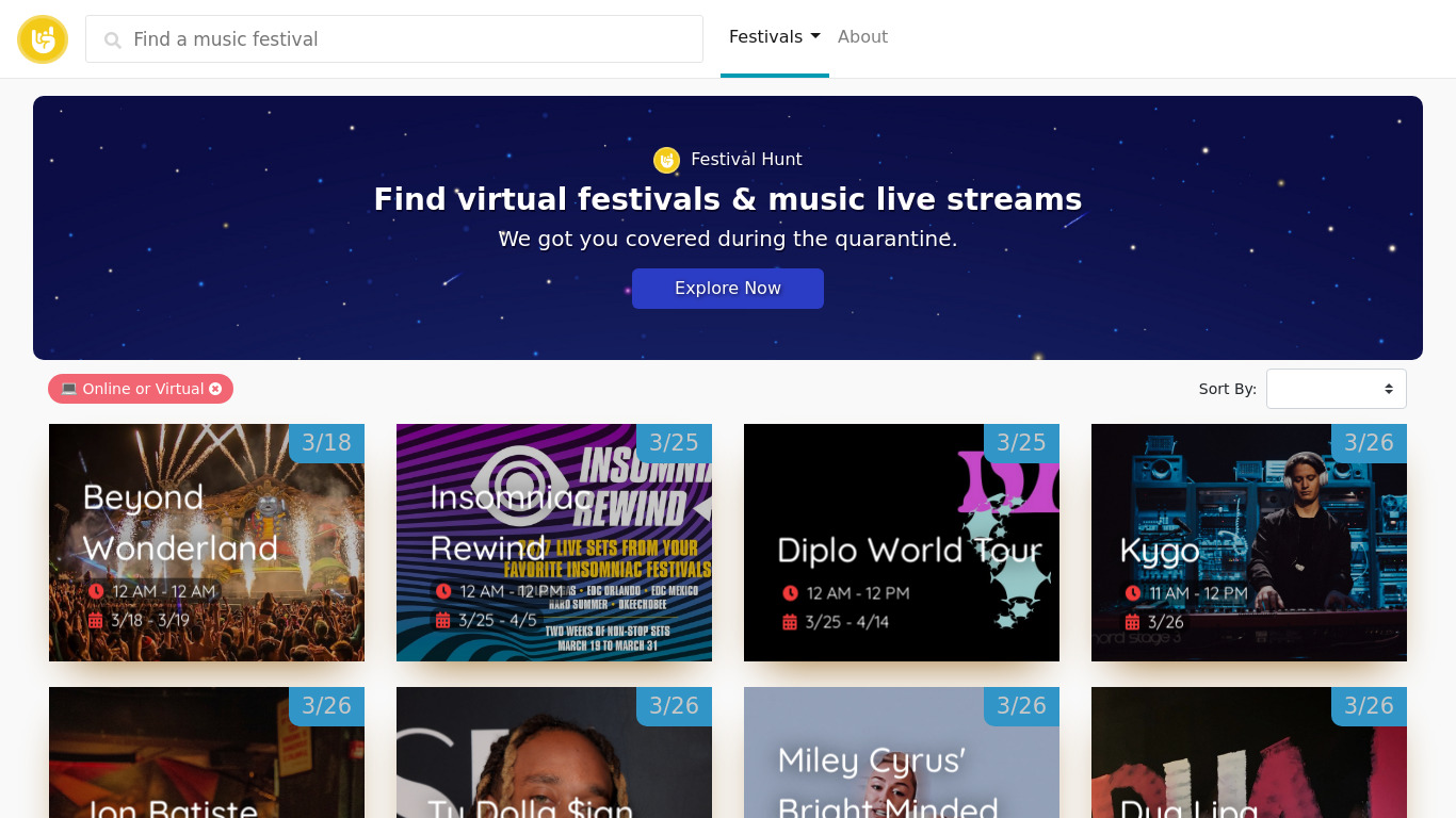 Virtual Festivals by Festival Hunt Landing page