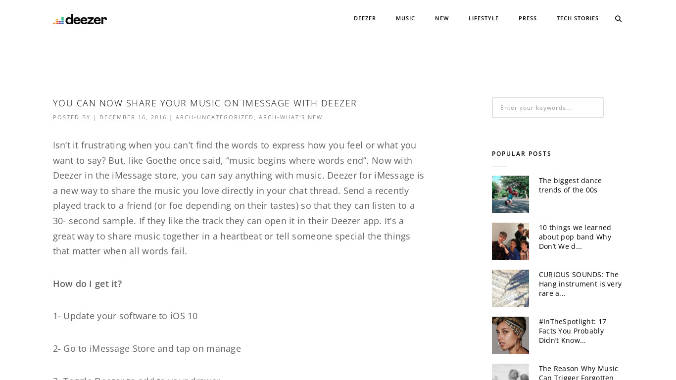 Deezer iMessage app Landing page