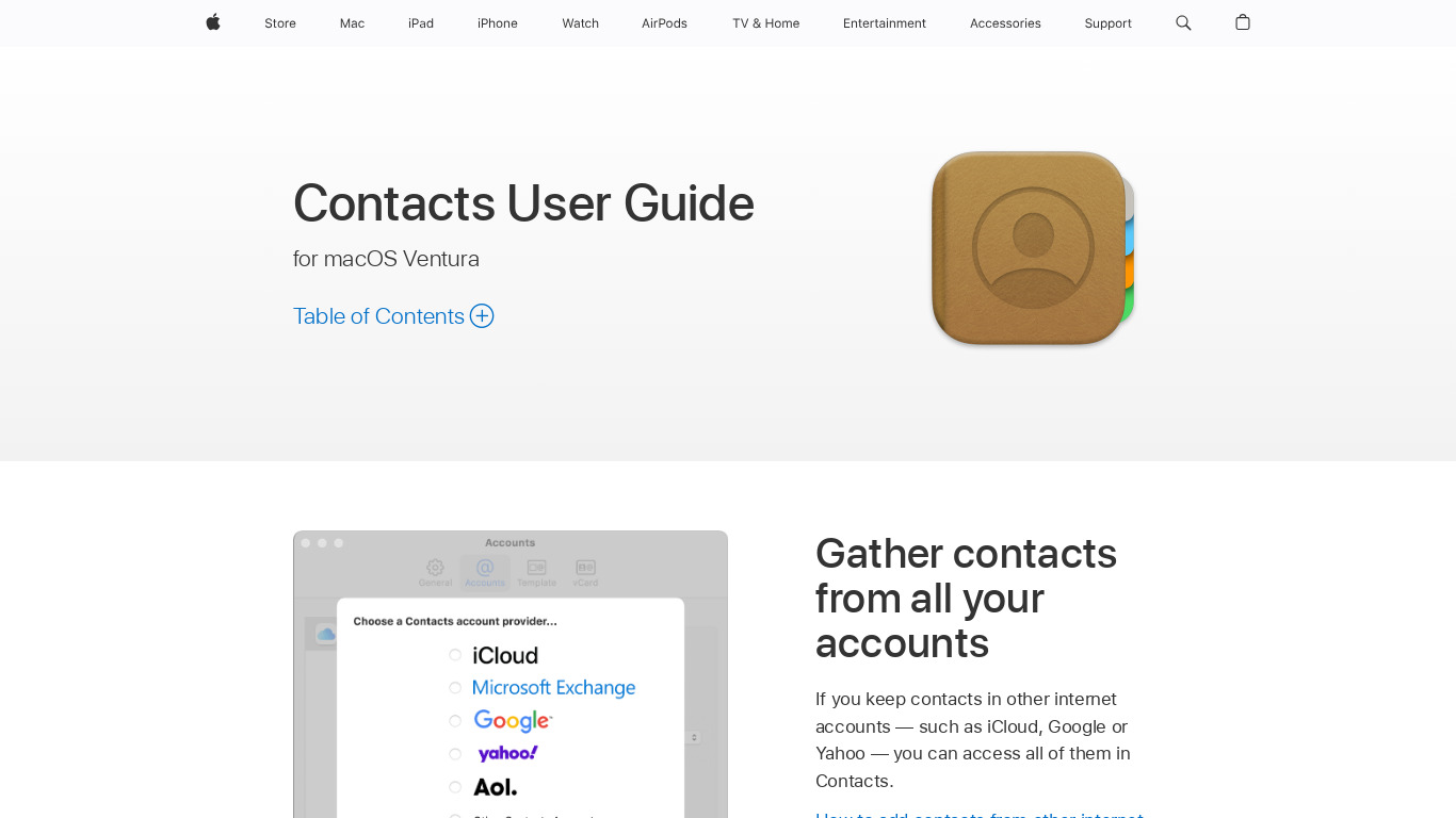 Apple Contacts App Landing page