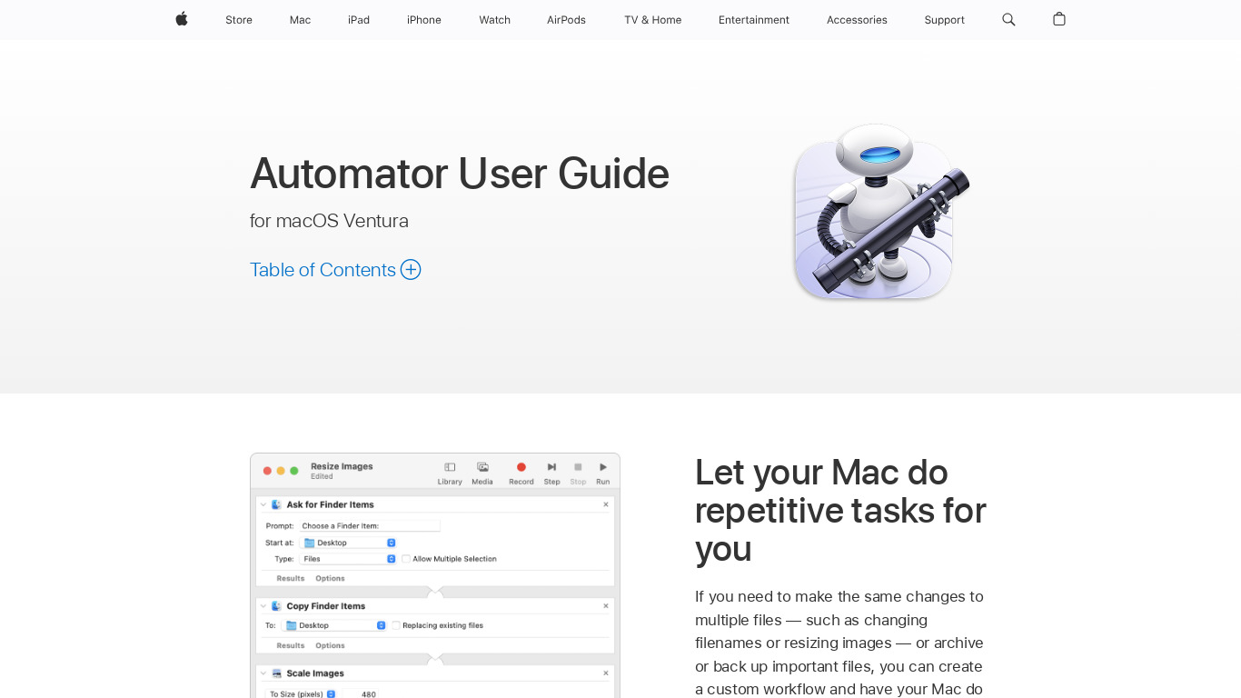 Apple Automator Landing page