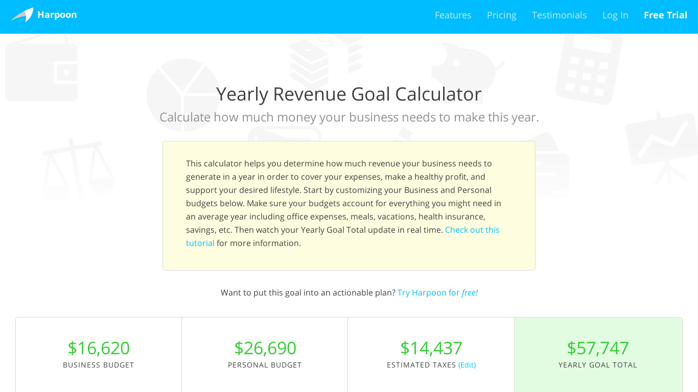 Harpoon Revenue Goal Calculator Landing page