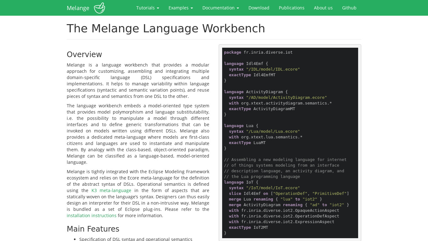The Melange Language Workbench Landing page