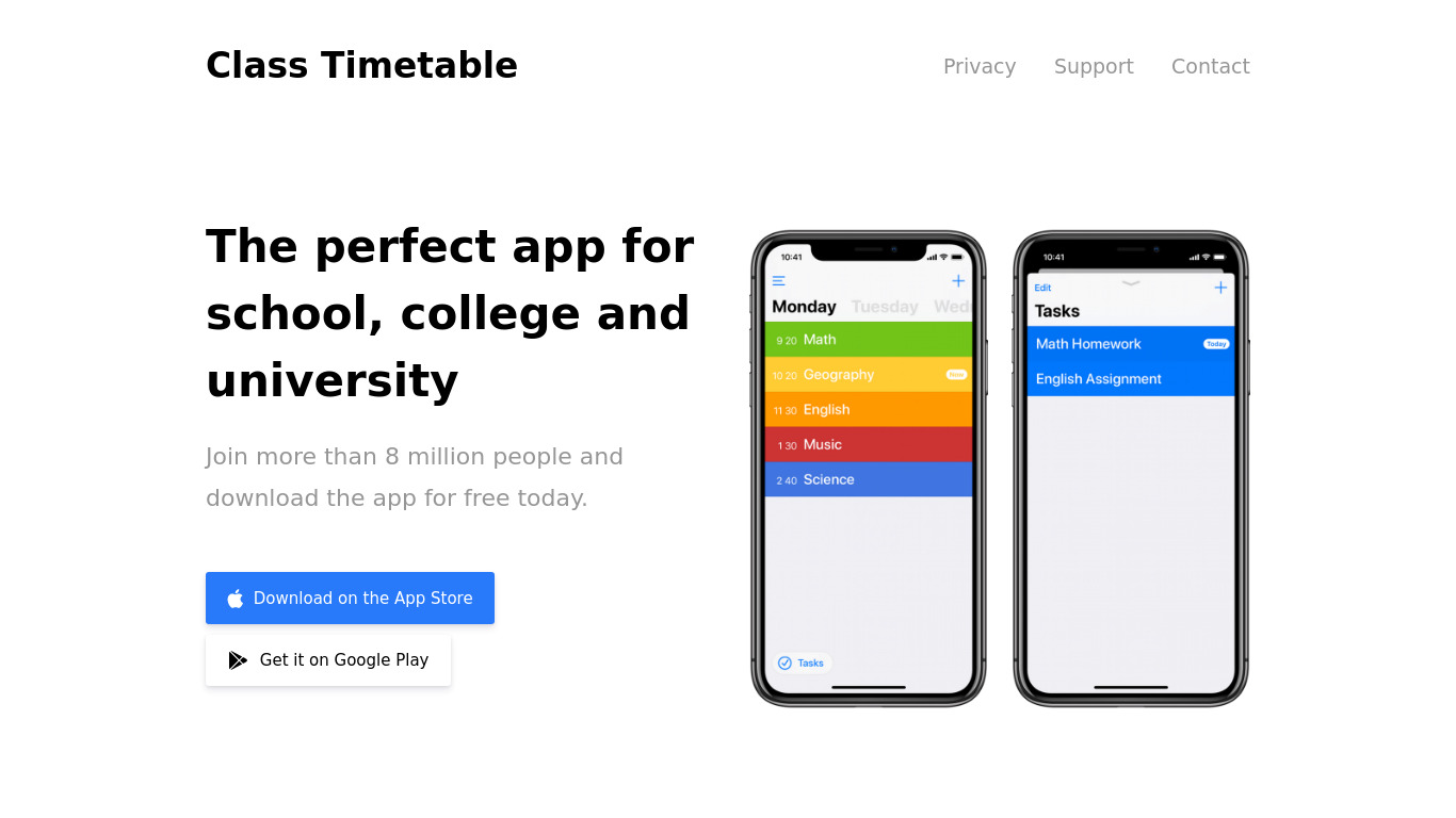 Class Timetable Landing page