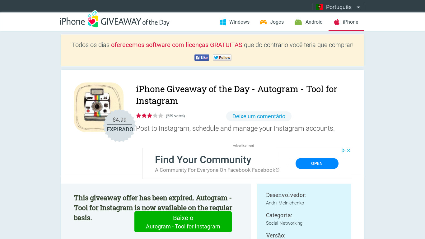 Autogram – Tool for Instagram Landing page