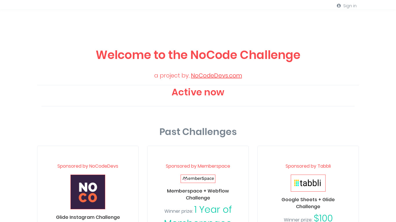 No Code Challenges Landing page