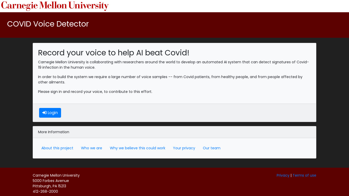COVID-19 Voice Detector Landing page