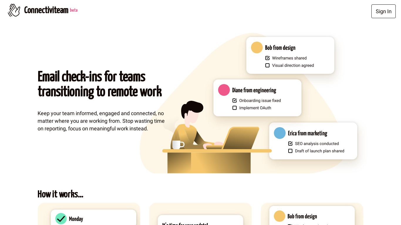 Team check-ins scheduler for Gmail Landing page