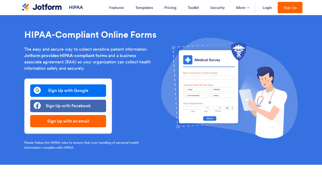 HIPAA compliant forms by Jotform Landing page