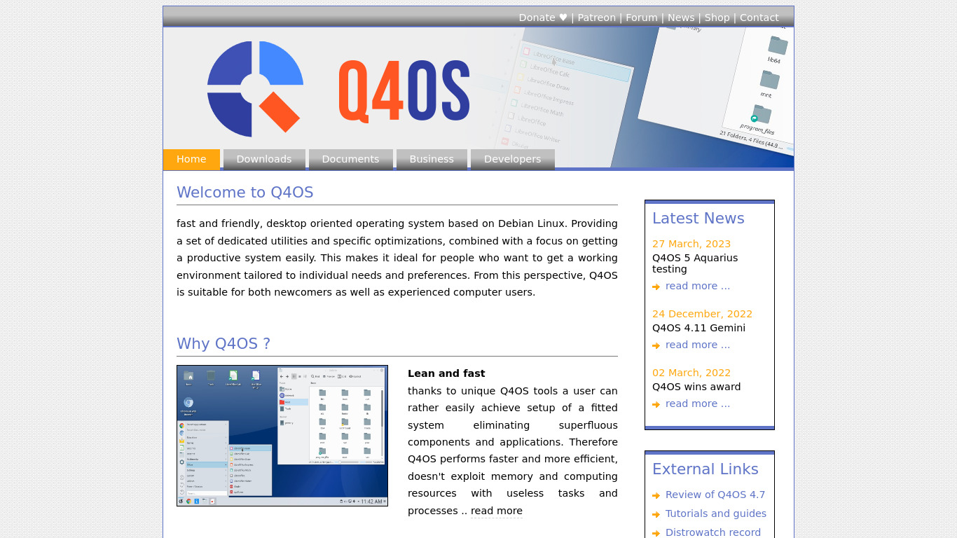 Q4OS Landing page