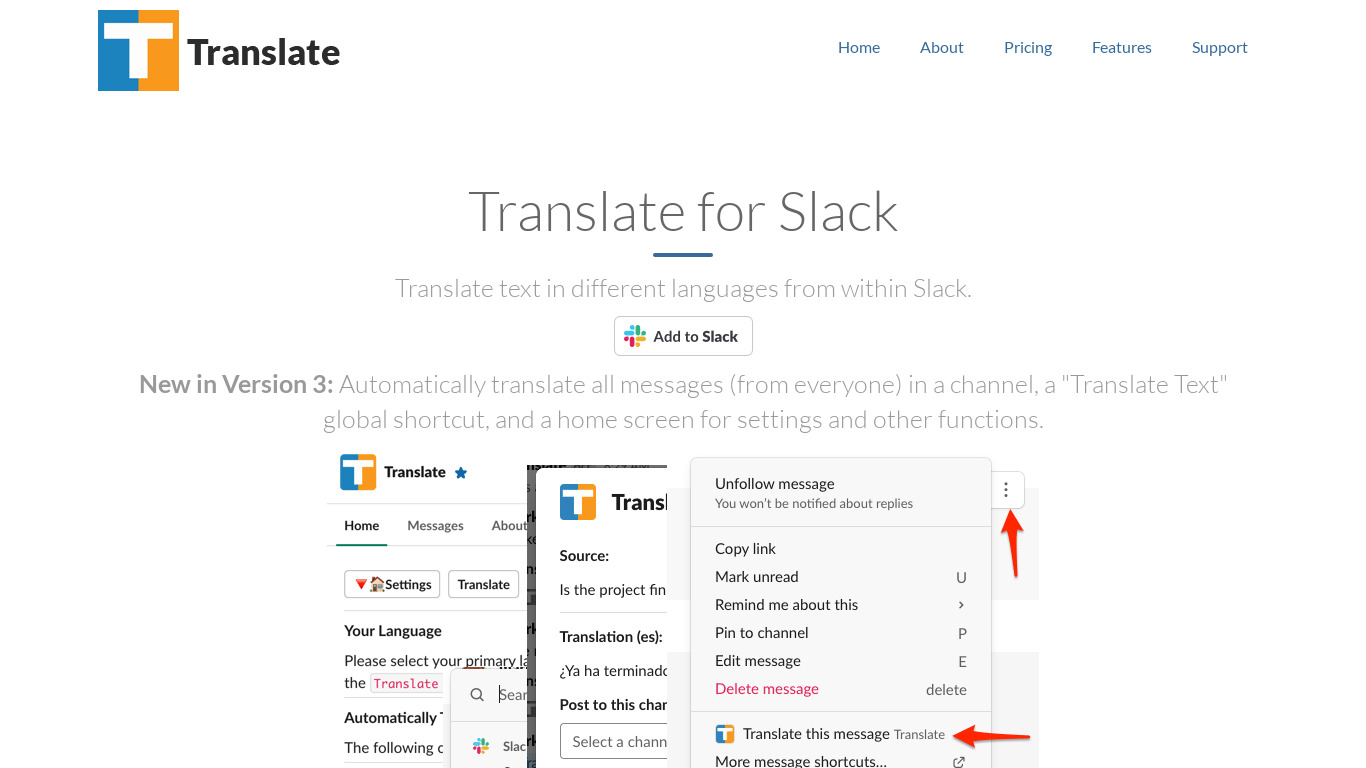 Translate for Slack Landing page