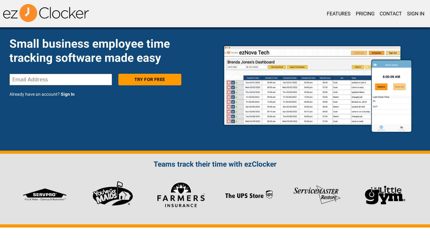 ezClocker: Employee Time Track Landing page