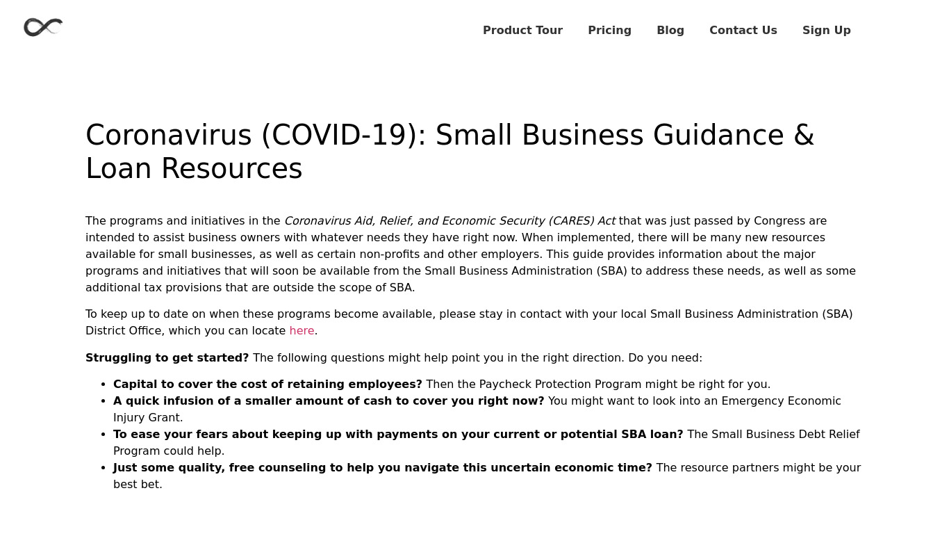 COVID-19 Loan Resources for Startups Landing page
