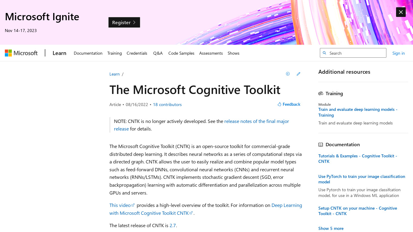 Microsoft Cognitive Toolkit (Formerly CNTK) Landing page