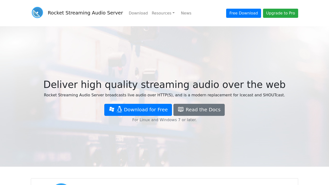 Rocket Streaming Audio Server Landing page
