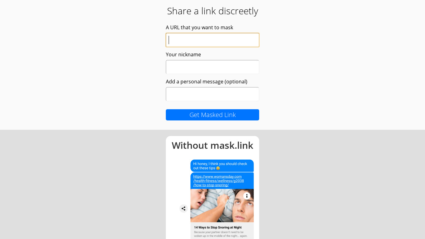 Mask Link Landing page