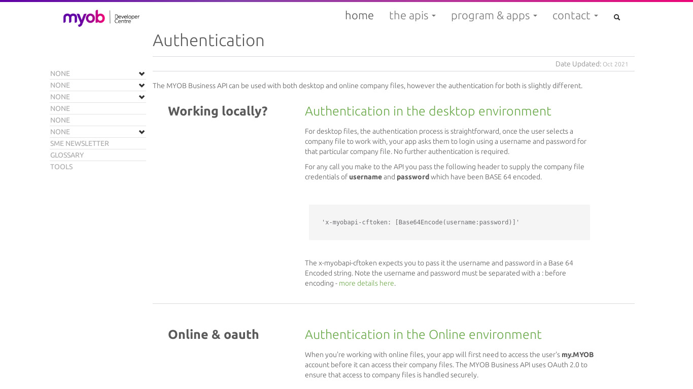 MYOB AccountRight API Landing page