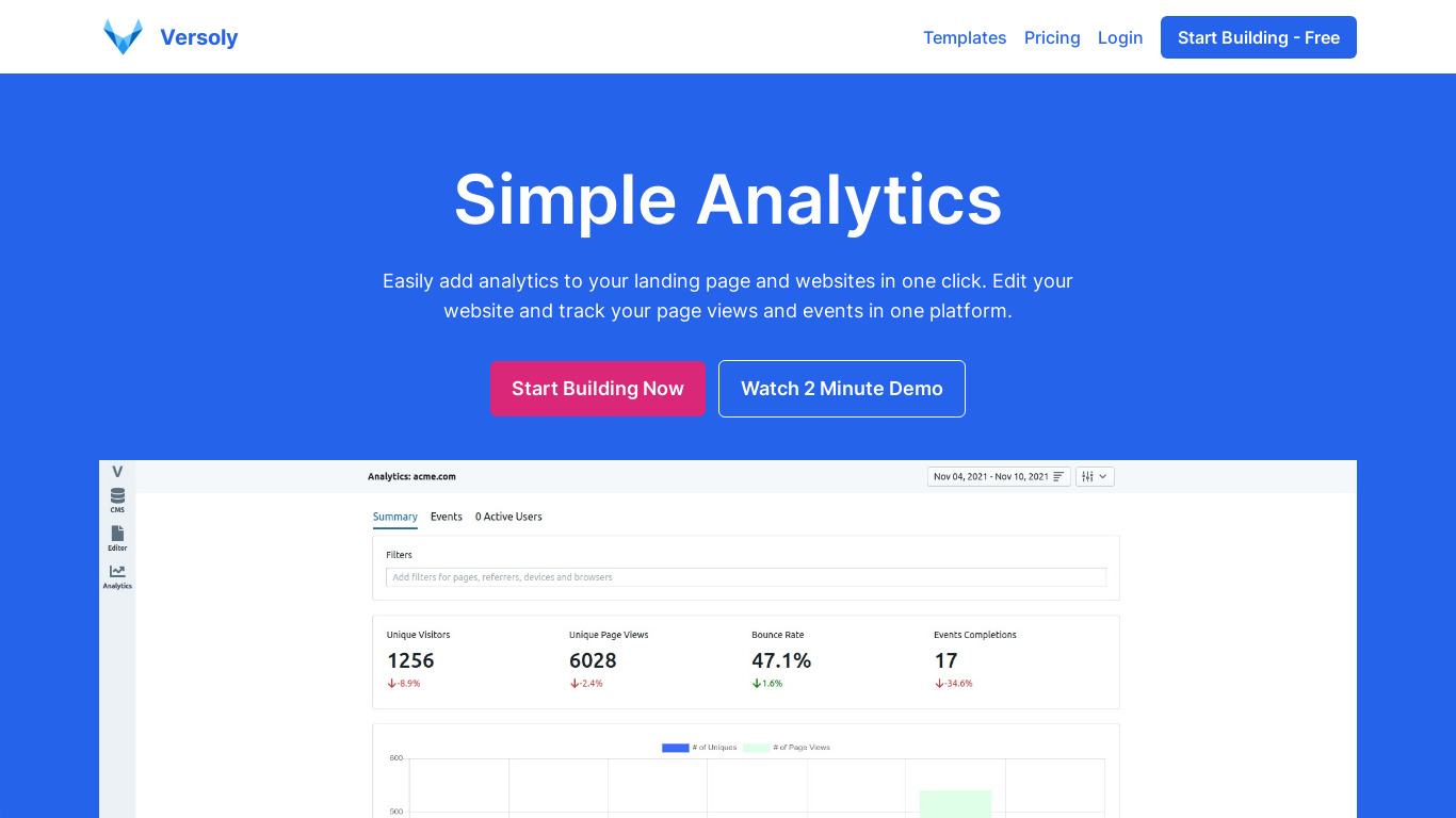 Analytics by Versoly Landing page