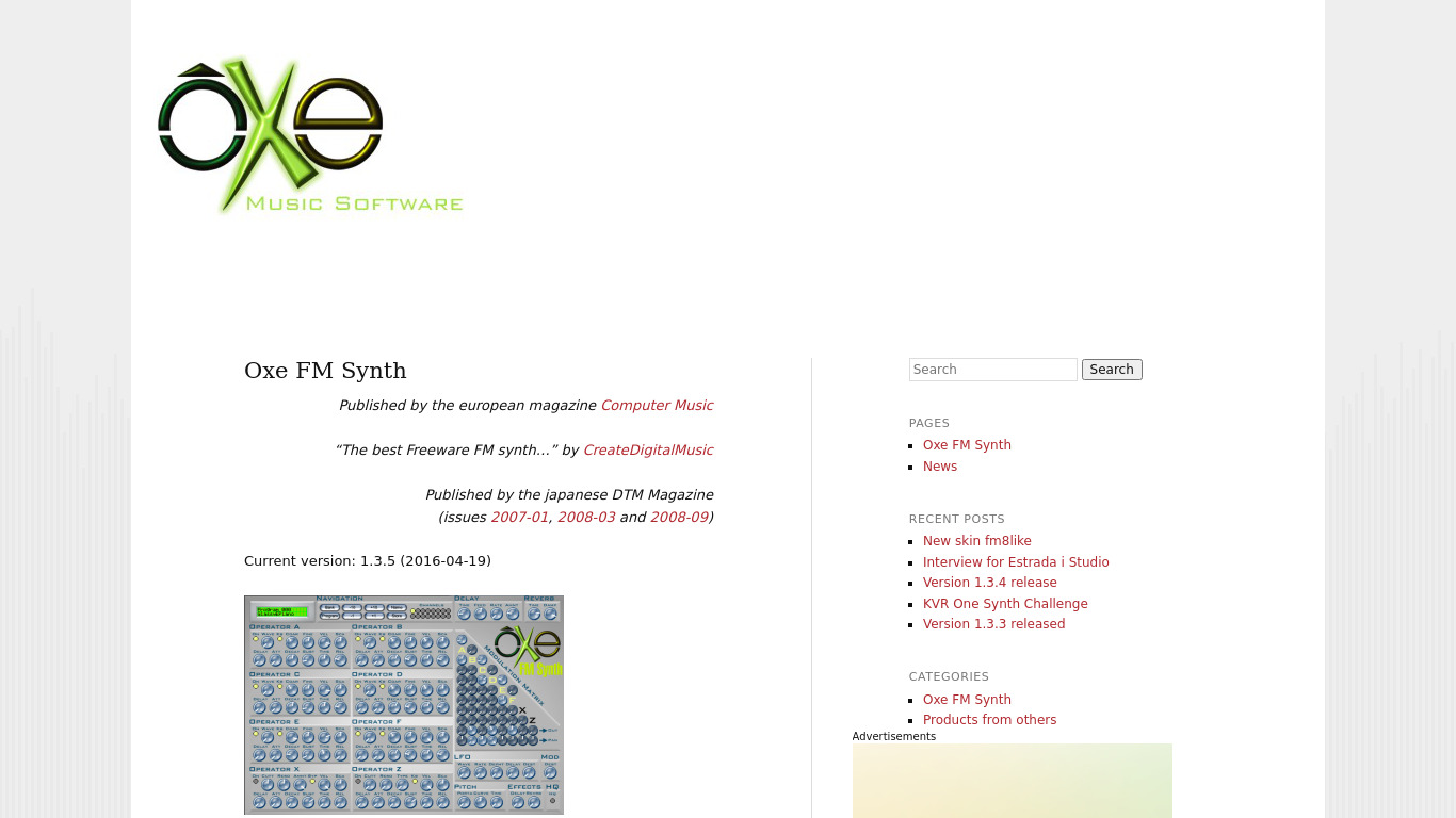 Oxe FM Synth Landing page