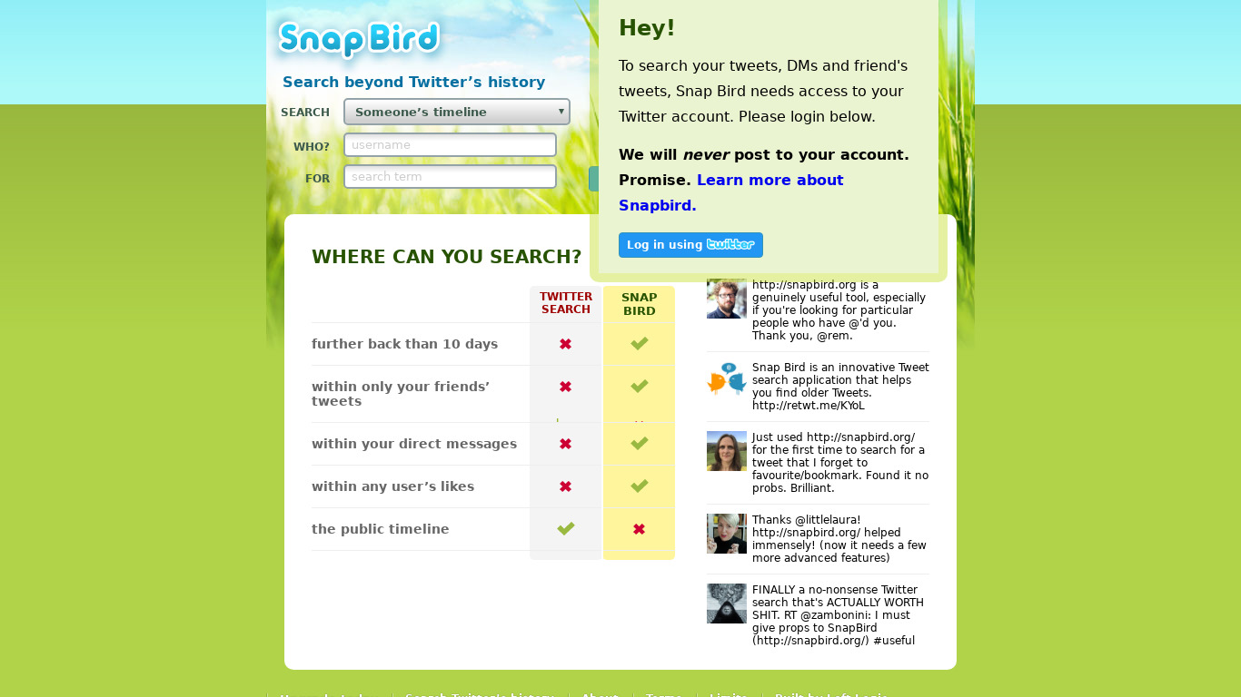 SnapBird.org Landing page