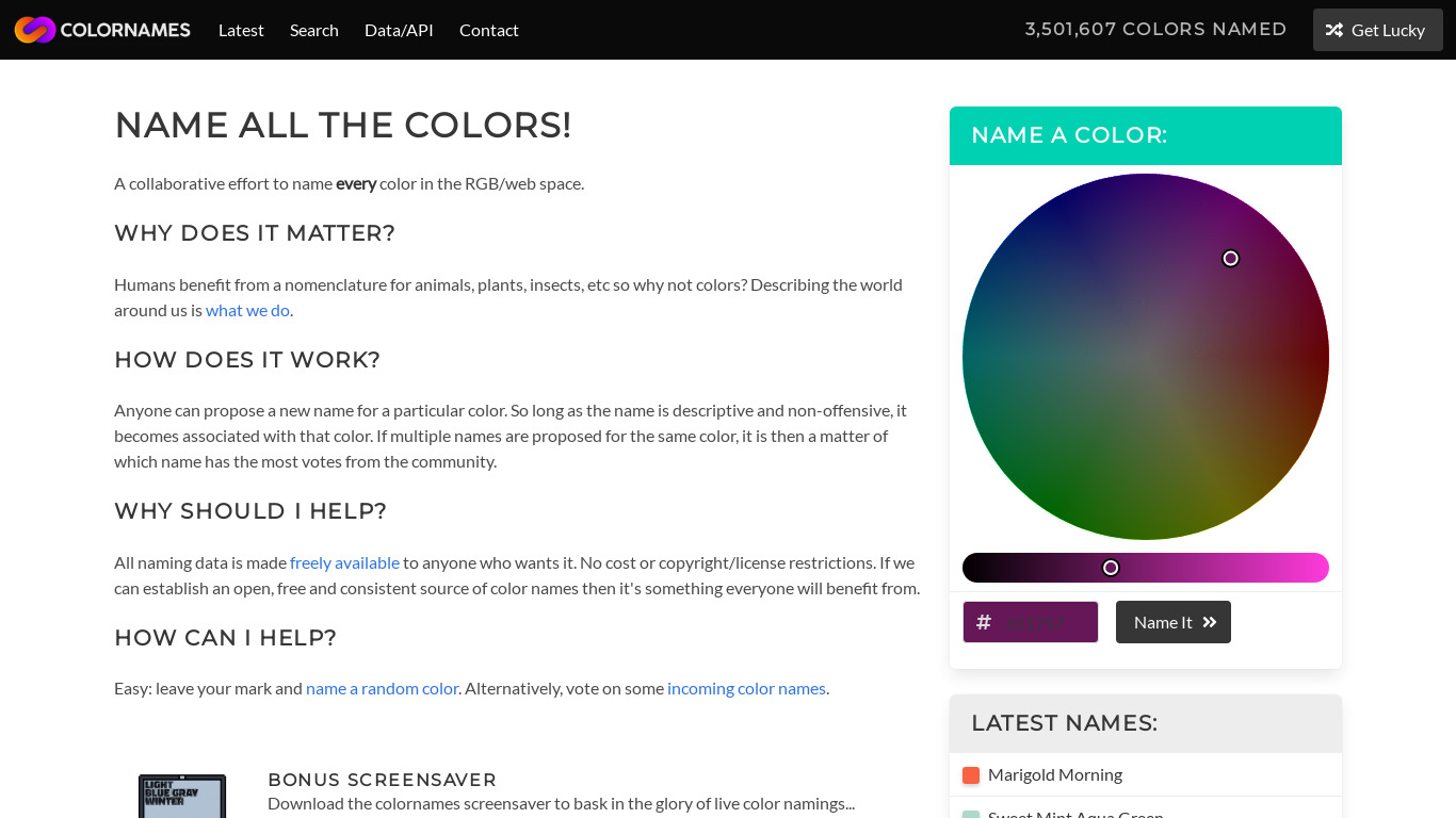 colornames.org Landing page
