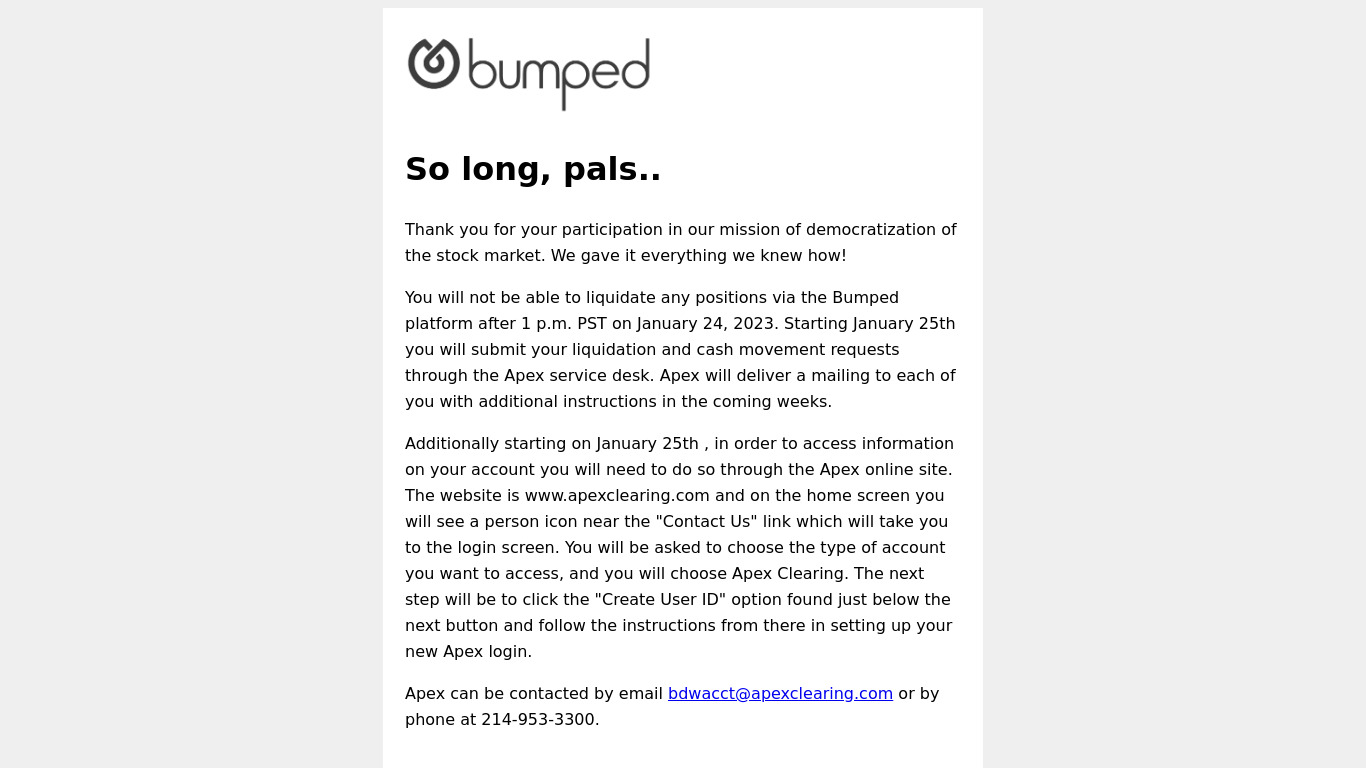 Bumped Landing page