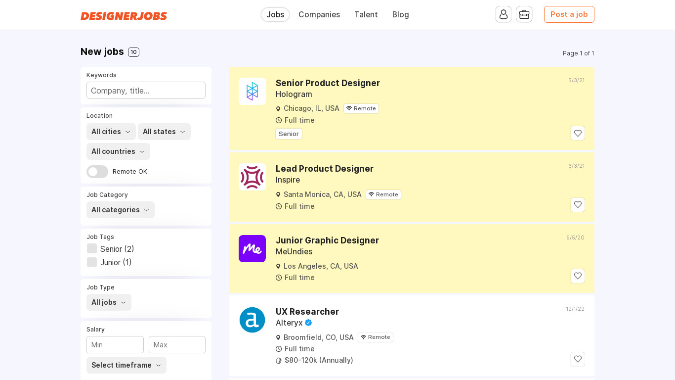 Designer Jobs Landing page