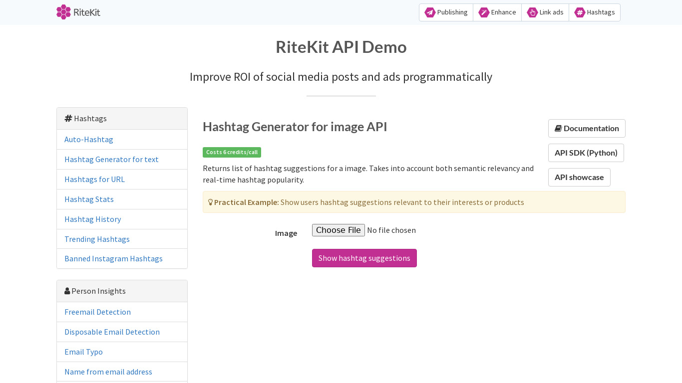 Hashtag Suggestions for image API Landing page