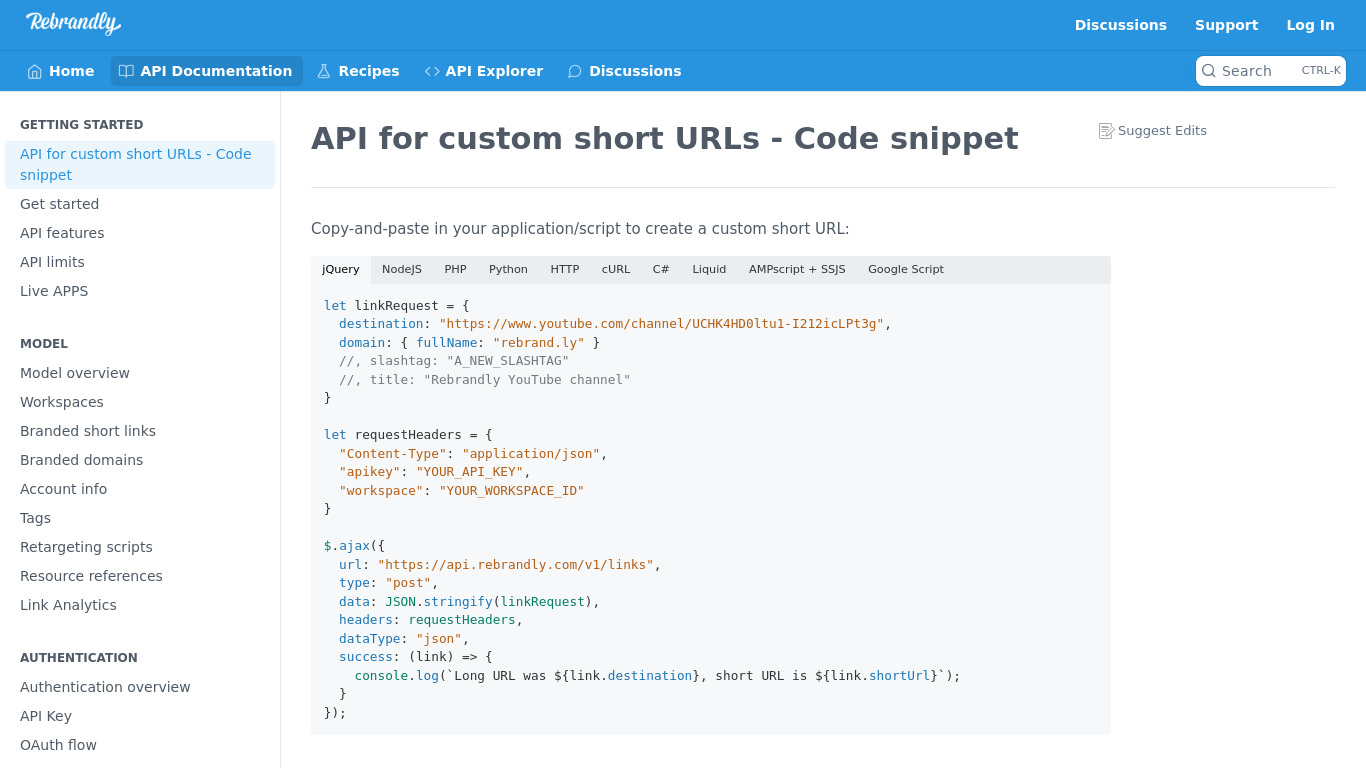 Rebrandly API Landing page