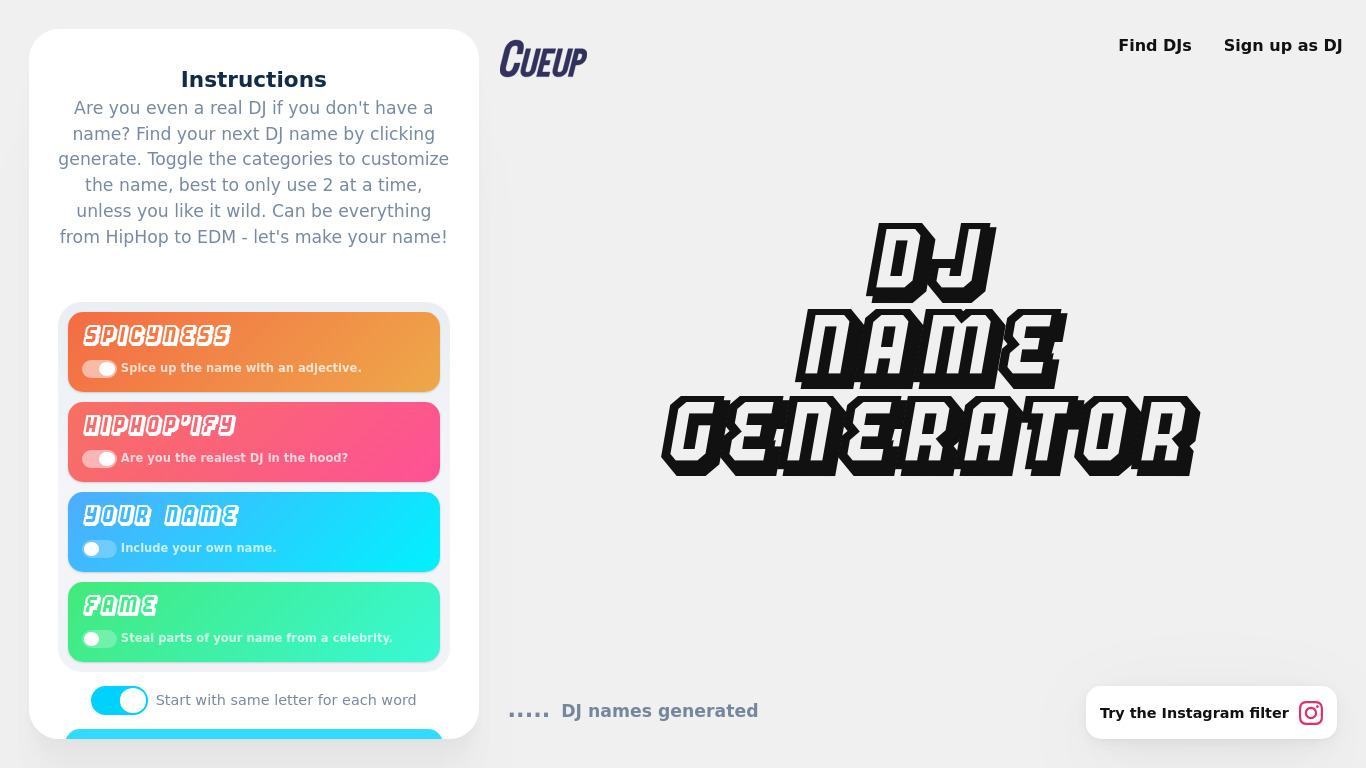DJ Name Generator Landing page
