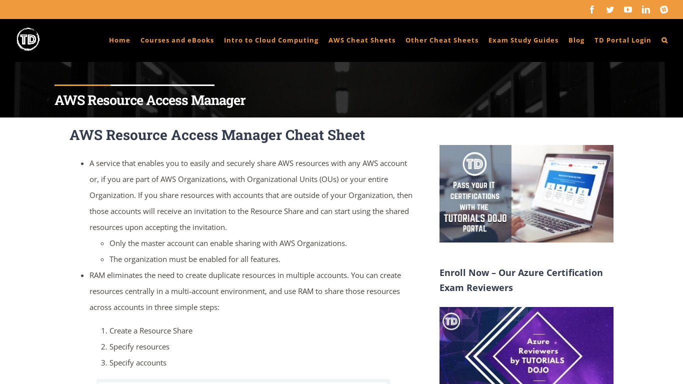 AWS Resource Access Manager (RAM) Landing page