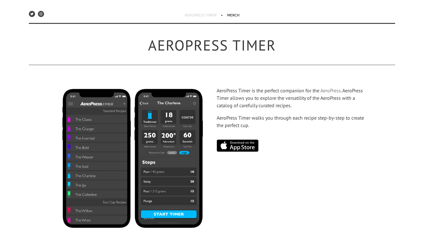 Aeropress Timer App Landing page
