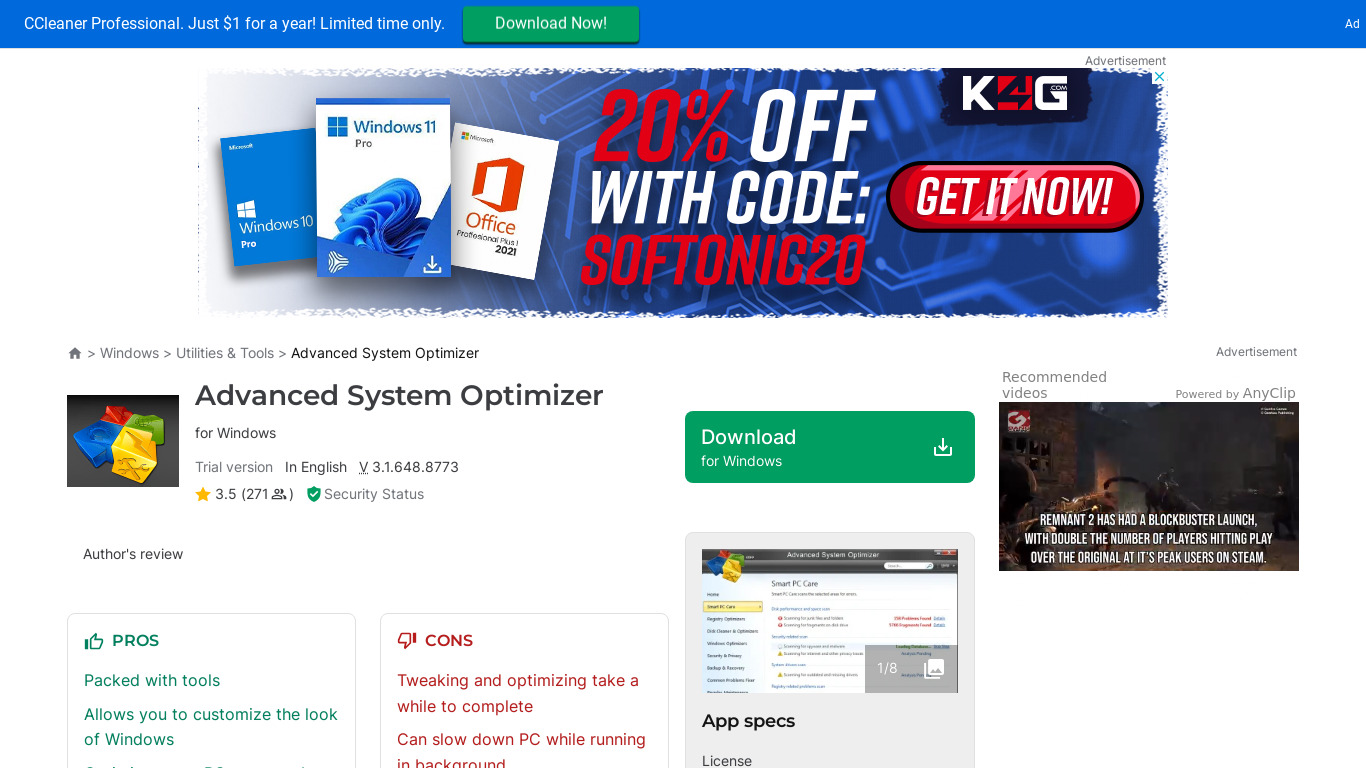 Advanced System Optemizer Landing page