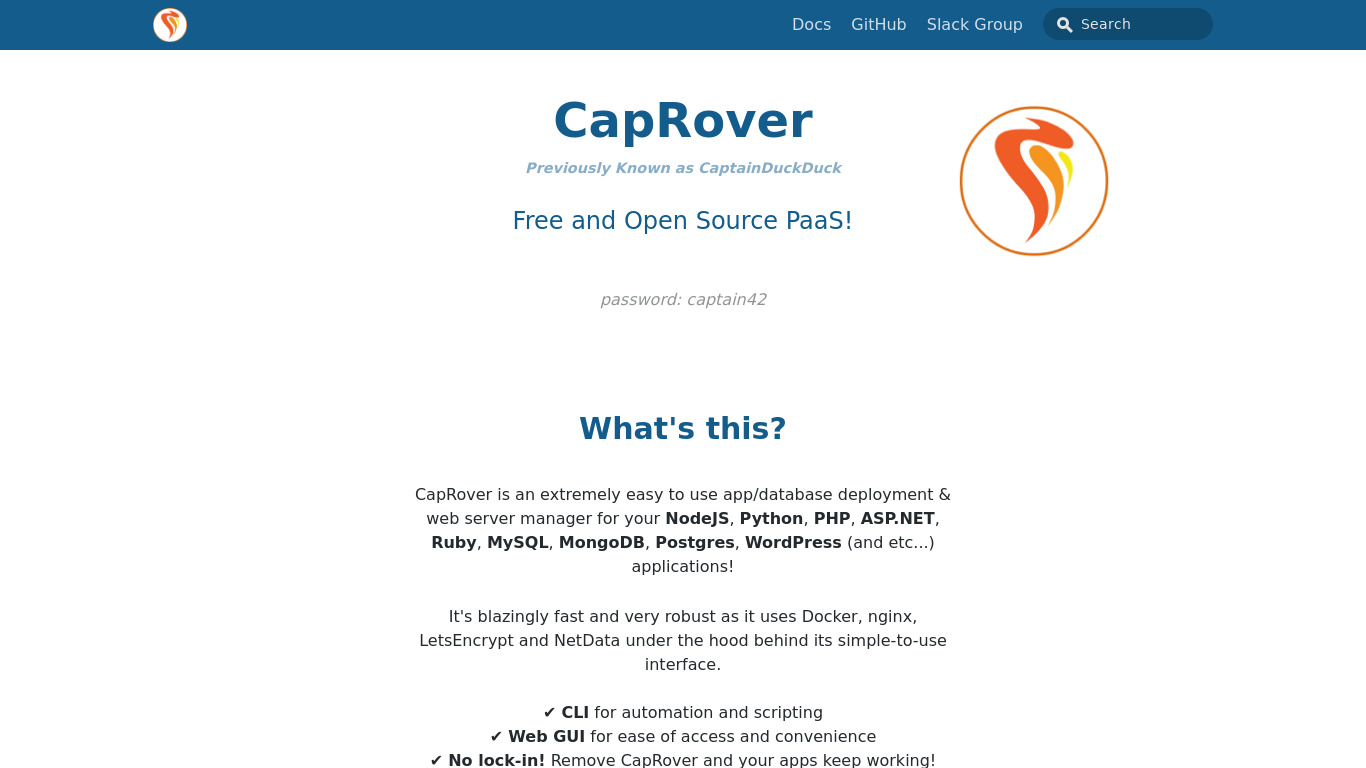 CapRover Landing page