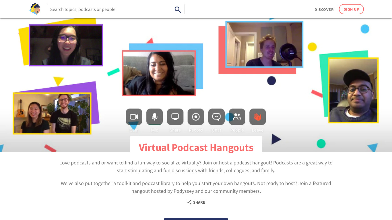 Virtual Podcast Hangouts by Podyssey Landing page
