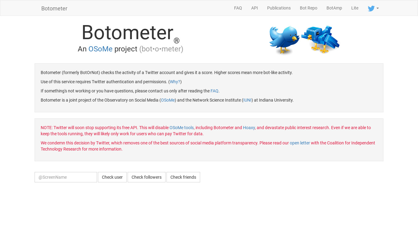 Botometer for Twitter Landing page