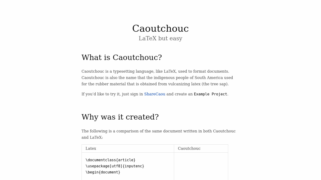 Caoutchouc Landing page