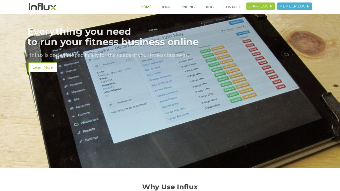 Influx Fitness Landing page