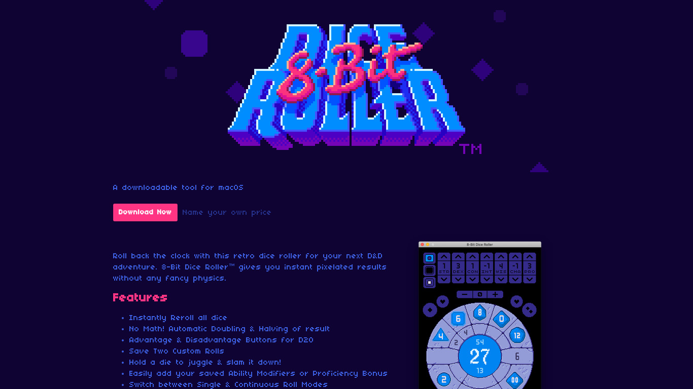 8-Bit Dice Roller Landing page