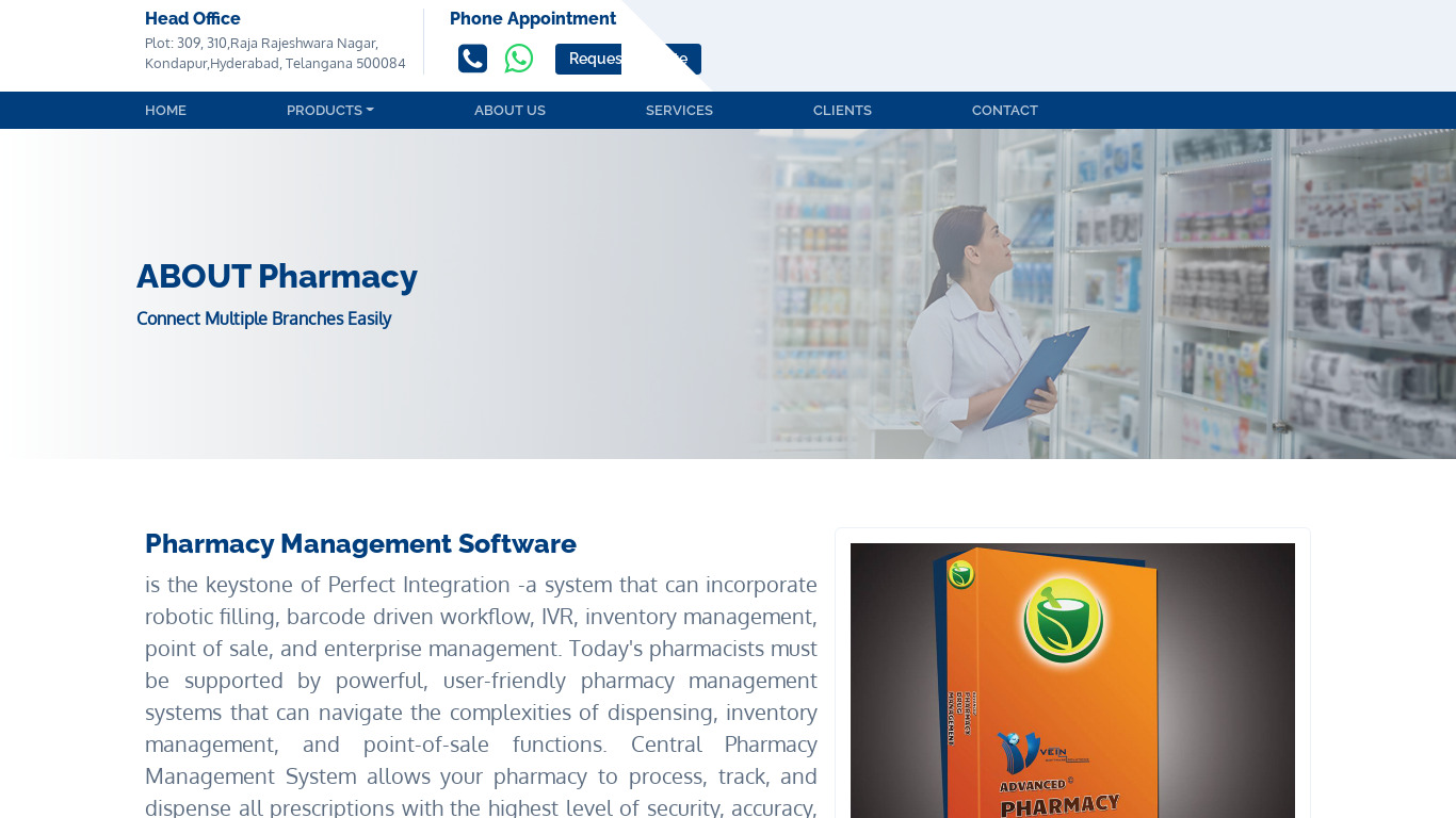Vein Pharma Software Landing page