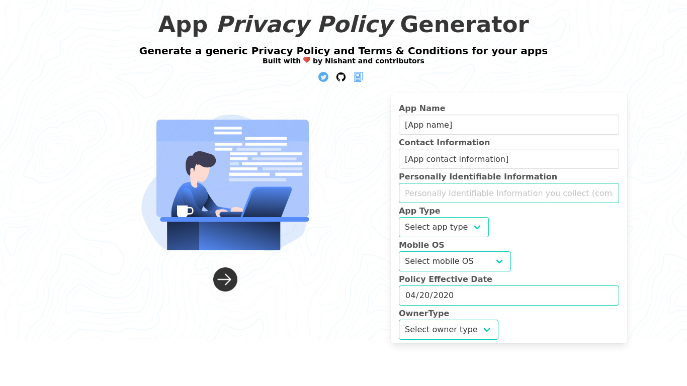 App Privacy Policy Generator Landing page