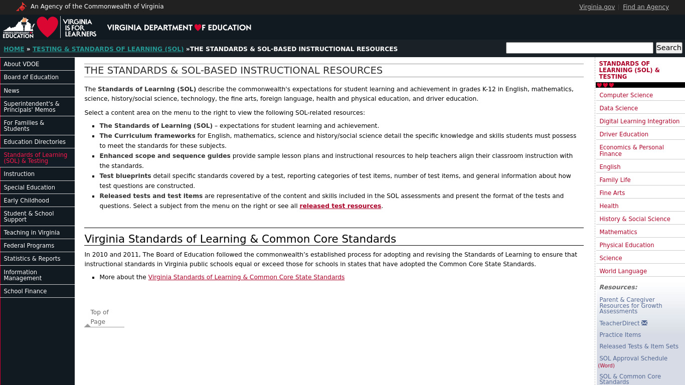 Virginia Standards of Learning Landing page