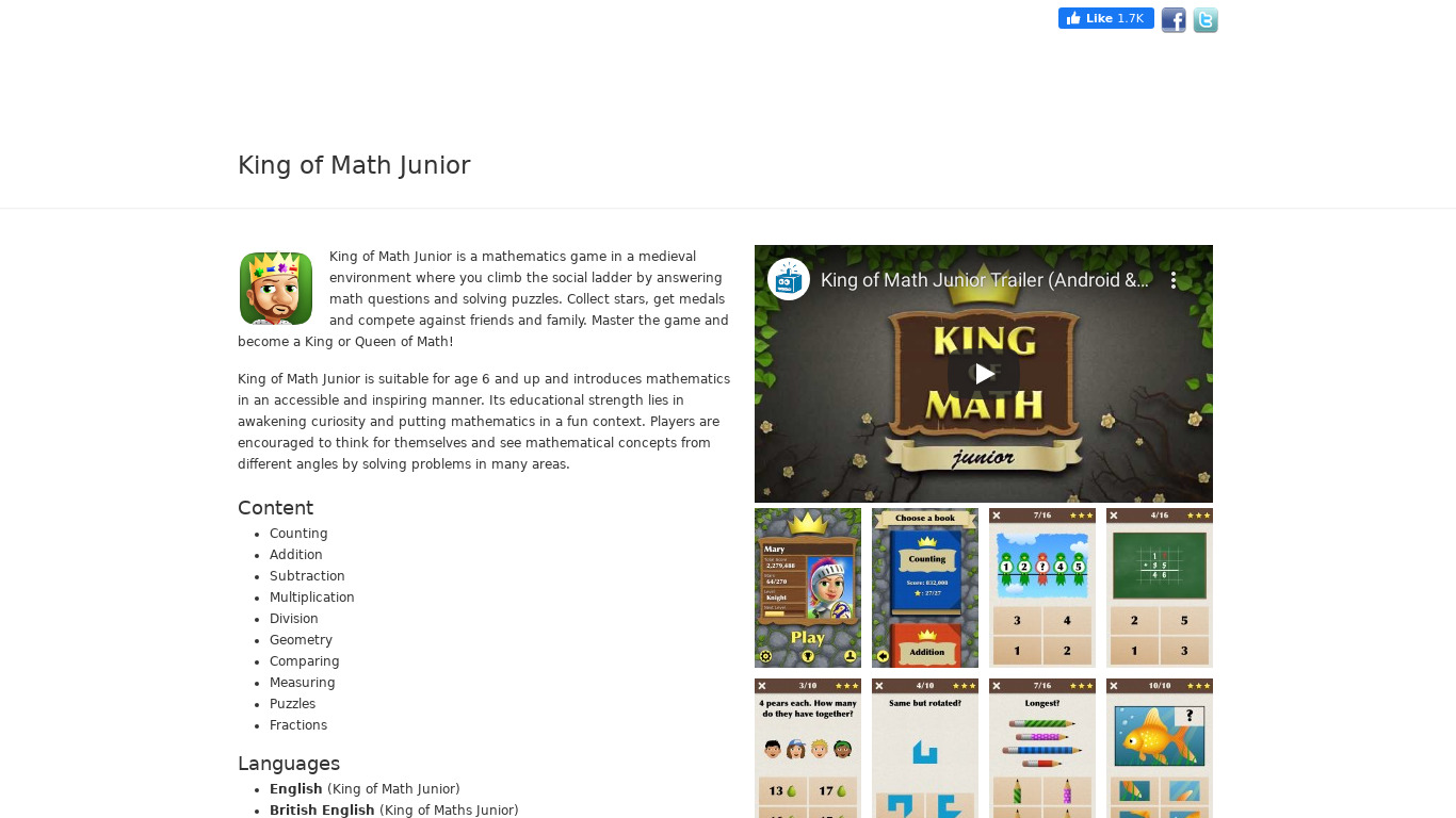 King of Math Junior Landing page