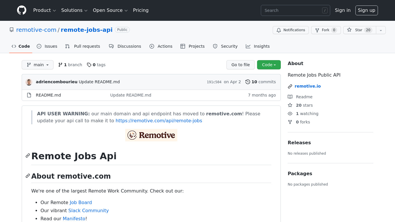 Remotive Jobs API Landing page